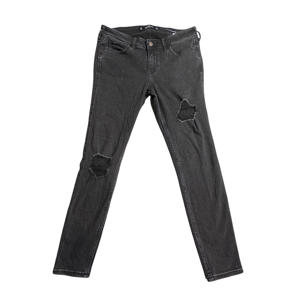 Hollister Low Rise Super Skinny Crop Jeans Juniors 5R Black Distressed Denim